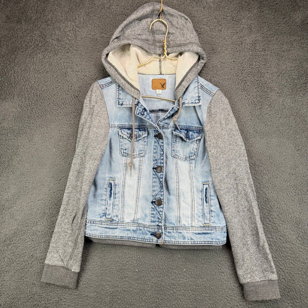 American Eagle Womens Medium Denim Jacket Gray Knit Hooded Sleeves Mixed Media